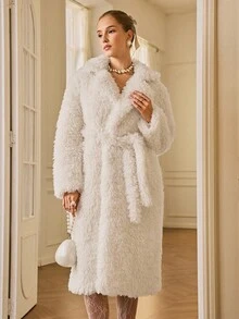 GENKIRA French Retro Thickened Faux Fur Collar Belted Windbreaker Jacket - White - View 4