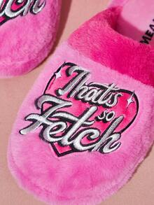 Mean Girls X SHEIN Pantofole da donna alla moda e carine con ricamo argento, antiscivolo per interni, morbide pantofole rosa in pelliccia sintetica calde per l'inverno, suola durevole, adatte per casa, camera da letto, stanze climatizzate in primavera e autunno