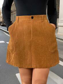 Easura Plus Size Corduroy A-Line Zipper Pocket Decorated Midi Skirt