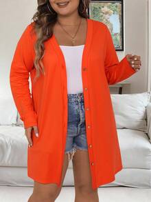 EMERY ROSE Plus Size Single Breasted Casual Daily Long Sleeve Jacket Fall Winter Cloth For Women Autumn - Orange - View 4