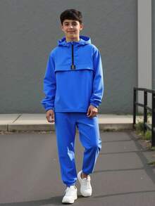 SHEIN Tween Boy 2Pcs Set: Half-Zip Hooded Jacket And Jogger Pants, Casual Sports Style For Autumn/Winter - Royal Blue - View 7