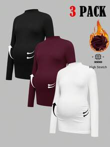 Modmama 3Pcs Maternity Autumn Clothes,Black And White Elegant Smart Casual Everyday Solid Stand Collar Long Sleeve Thermal Lined Fitted Pregnancy T-Shirt - Burgundy - View 2