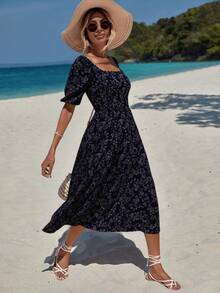 SHEIN Cottnline Vacation Casual Floral Puff Sleeve Dress - Multicolor - View 3