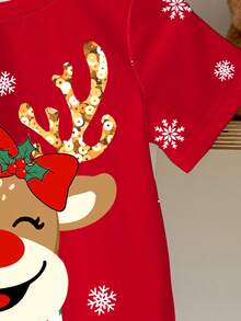 SHEIN Camiseta de manga corta con cuello redondo minimalista casual para niña con diseño lindo de reno navideño, adecuada para el verano y la Navidad