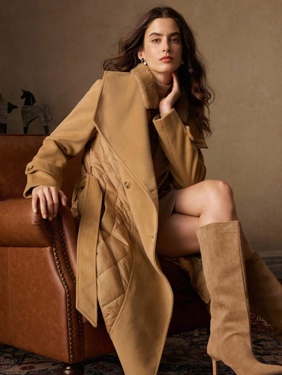 Anewsta 女士秋冬中长款翻领腰带收腰双排扣优质羊毛面料拼布菱形图案棉服大衣