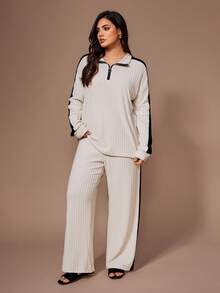 Lazeform 大码撞色拉链领长袖上衣和阔腿裤女士休闲家居服套装，舒适家居服套装，女士睡衣套装，女士慢跑裤套装，舒适套装，女士睡衣套装，秋冬服装 - 杏色 - 查看 7