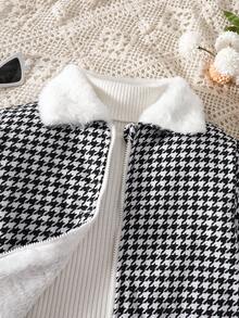 SHEIN Young Girls Cute Houndstooth Collar Fluffy Long Sleeve Jacket Paired With White Undershirt And Comfortable A-Line Skirt Outfit Fall Winter - Black - View 7