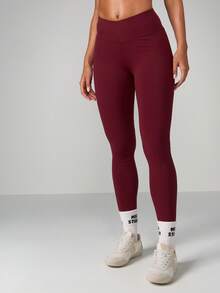 MISSGUIDED 高腰健身紧身裤，带舒适带，高性能运动跑步紧身裤，优质流动练习基本款训练裤 - 酒紅色 - 查看 2