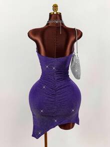 Amplova Iron Chain Decor Square Neck Bodycon Sleeveless Sexy Party Shiny Mini Dress - Purple - View 7