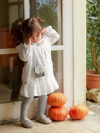 Vintaside Kids 1 件纯色刺绣编织花卉装饰套头衫休闲舒适长袖婴儿/幼儿女孩连衣裙