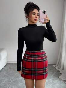 SHEIN Elenzya Bộ 2 áo phông kẻ caro dự tiệc phong cách retro thanh lịch và chân váy kẻ caro cho nữ - Nhiều màu - Xem 4