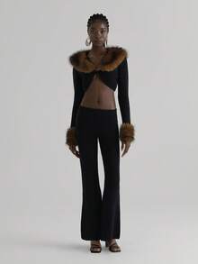 BamGleam 2pcs/Set Fur Collar Fitted Jacket & Flare Pants Women Sweater Suit Woman 2 Piece Outfits Black Two Piece Set Women Black Skirt Set Long Sleeve Two Piece Set Fur Top - Black - View 6