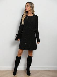 EMERY ROSE 休闲宽松圆领长袖女式短款连衣裙 - 黑色 - 查看 6