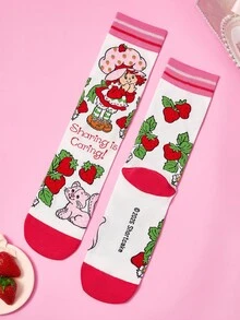 Strawberry Shortcake X SHEIN 3双装柔软透气吸湿女士中筒袜，时尚可爱粉色和红色船袜，加固趾部和跟部，经久耐穿，四季皆宜，夏季冬季百搭，草莓图案，送礼佳品 - 粉色 - 查看 10