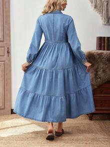 EMERY ROSE Women's Casual Denim Dress With Ruffle Hem, Front Button, And Lantern Sleeves, Suitable For Autumn - Light Wash - View 2