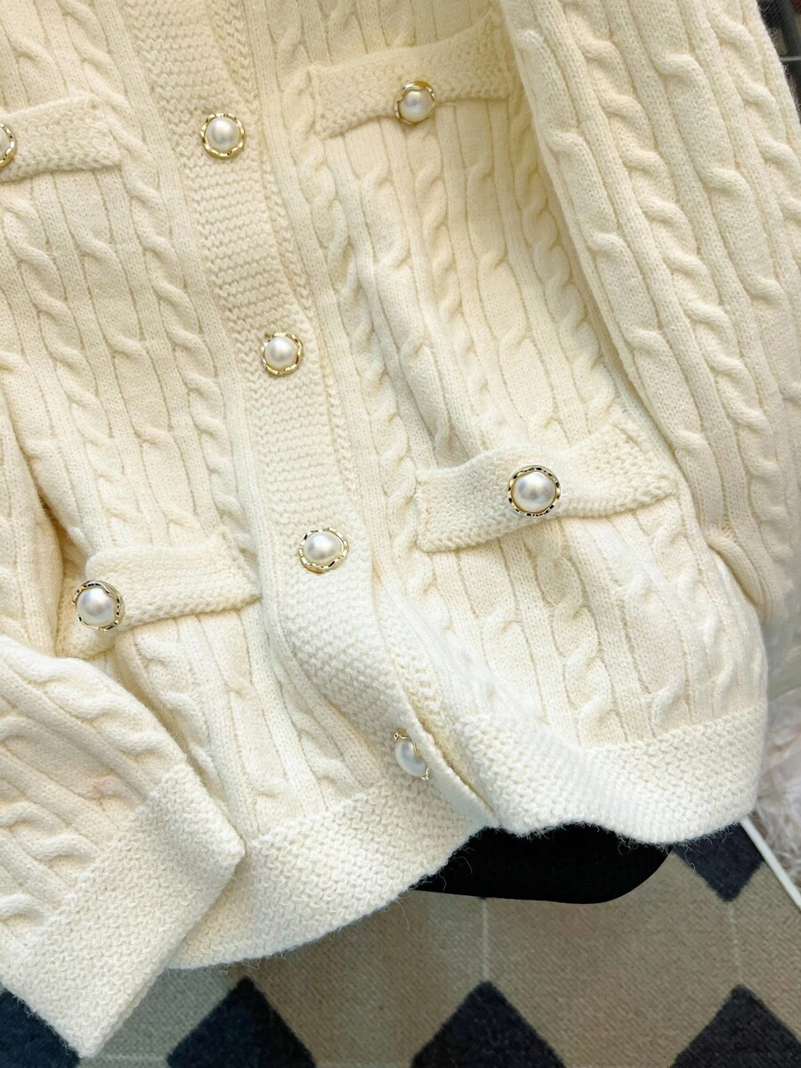 GlowEve CURVE Áo len cardigan tay dài dáng rộng phong cách Pháp thường ngày dành cho nữ, cỡ lớn, thích hợp cho các buổi đi chơi và dự tiệc cưới, mùa thu/đông - trắng - Xem 1