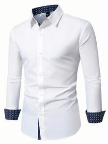 Manfinity Mode 男士休闲商务通勤印花拼接长袖衬衫白色正装衬衫设计师衬衫正装衬衫时尚衬衫商务休闲衬衫，秋季，老钱风格 - 白色 - 查看 5