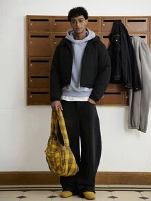 TOKVUE Áo khoác nam màu trơn đơn giản, có mũ trùm đầu, đi làm hàng ngày, mùa đông - màu đen - Xem 3