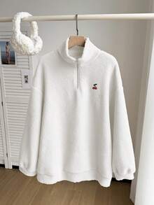 SHEIN EZwear Plus Size Cherry Logo Solid Color Applique Zip-Up Long Sleeve Sherpa Sweatshirt, Autumn/Winter Fall Cute Sweatshirt Women Sweaters Embroidered Sweatshirt Zip Up Sweater White Sweatshirt