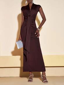 Zivah Solid Ruched Draped Maxi Dress Burgundy - Coffee Brown - View 6