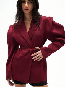 Aveloria GENKIRA Wine Red Loose Casual Commuter Versatile Extra Wide Shoulder Silhouette Cinched Waist Decor Solid Color Blazer - Burgundy - View 5