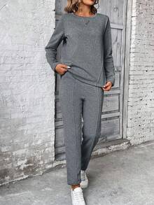 SHEIN PETITE Bộ 2 áo nỉ dài tay và quần dài cho nữ, áo nỉ có mũ trùm đầu dây rút, quần cạp chun - Màu xám đen - Xem 5