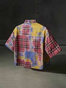 NEON BLANC Men's Y2K Casual Fashion Street Rhinestone Tie-Dye Plaid Print Short Sleeve Denim Shirt, Summer - Red - View 2