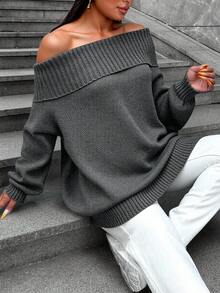 EURMUSE 大尺碼純色露肩毛衣 - 深灰色 - 查看 6