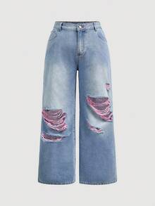 SHEIN Tall CURVE Jeans anchos y sueltos con efecto desgastado de moda casual para mujer de talla grande