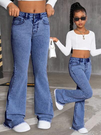 Sparklyn Girls' High-Waisted Retro Washed Blue Flared Jeans, Children Elastic Slim Fit Frayed Hem Design Denim Flared Pants, Suitable For Casual Outings And Outdoor Wear