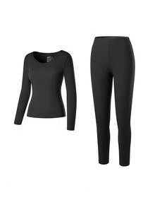 LUVLETTE 女士保暖内衣超柔软底层寒冷天气温暖冬季睡衣套装 V 领上衣和长裤 - 黑色轻盈保暖套装 - 黑色 - 查看 9