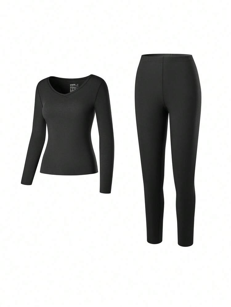 Conjunto de ropa interior térmica para mujer, capa base ultra suave para clima frío, pijama de invierno cálido con top de cuello en V y pantalones largos - Conjunto ligero y cálido en color negro
