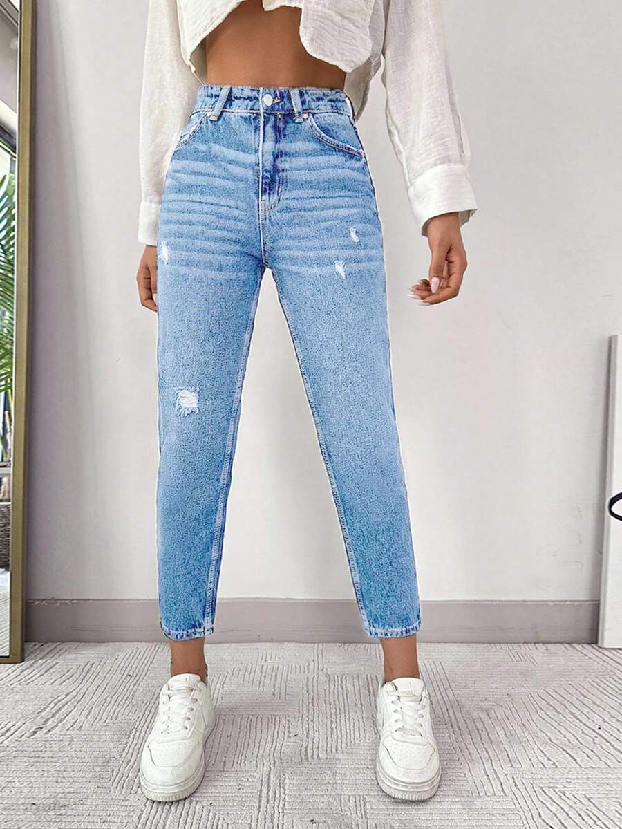 EURMUSE Jeans casuales y versátiles de talle alto con bolsillos y desgastados para mujer - Celeste - Ver 1