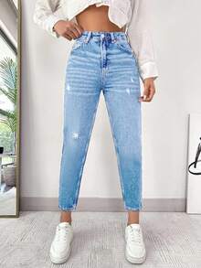 EURMUSE Jeans casuales y versátiles de talle alto con bolsillos y desgastados para mujer - Celeste - Ver 3