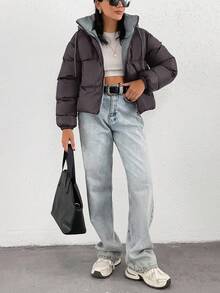 SHEIN 女式口袋厚短款连帽冬季外套 - 深灰色 - 查看 4