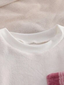 2pcs/Set Girls' Ribbed Crew Neck White Double-Sided Fleece Plaid Minimalist Comfortable Long Sleeve Top And Pants Pajama Set Soft Pajamas Set Checkered Pajama Set Long Sleeve Pajama Sets White And Pink Pajama Set