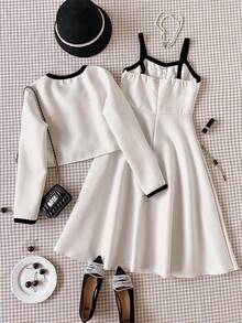 Sparklyn Conjunto de 2 piezas de chaqueta de cárdigan elegante y vestido deslizante con decoración de moño, adecuado para salidas y fiestas de adolescentes, otoño/invierno - Blanco - Ver 2