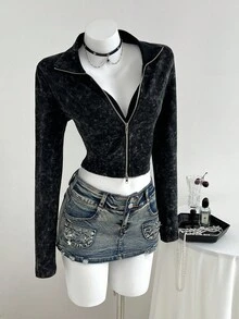 Elamini 1pc Women's Black Sweatshirt, Skin-Friendly Cotton Fabric, Stand Collar, Double-Zipper, Slim Fit Long Sleeve, Casual & Minimalist, Spring/Autumn - Black - View 4