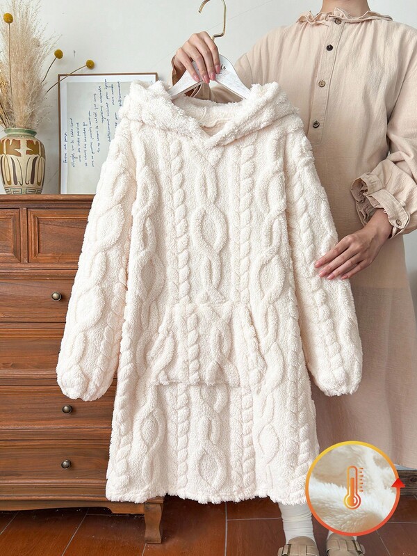 Vintaside Kids Tween Girl Beige Jacquard Plush Hooded Sweatshirt Dress For Autumn And Winter, Suitable For Daily Outings Such As Shopping, Strolling In The Park, Relaxing At Home, Lazily Watching TV Series, And Attending Parties. Fall