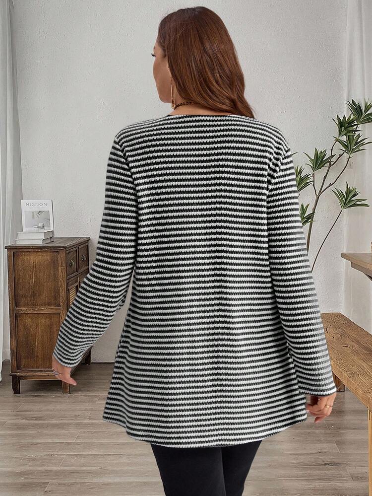 Große Größen Ausgeh-Oberteile Damen Lässig gestreifter Muster Langarm Loose T-Shirt, Winterkleidung für Frauen