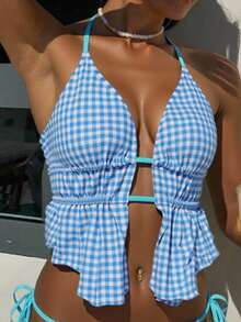 Bonvoyette Women's Plaid Print Halter Ruffle Hem Tankini Swimsuit 2 Pieces Set - Multicolor - View 7