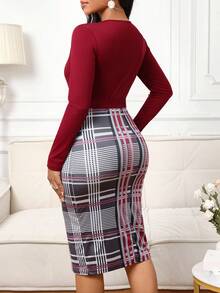 SHEIN Lady Women's Round Neck Long Sleeve Plaid Belted Waist Fitted Elegant Mid-Length Dress - Red - View 8