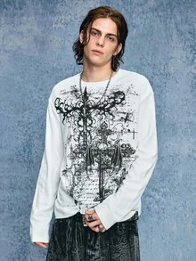 ROMWE MEN Casual 男士休闲日常骷髅与翅膀印花长袖运动衫，秋季 - 白色 - 查看 8