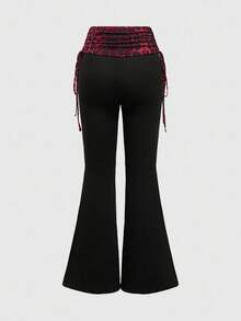 ROMWE Spring/Summer 2pcs Women's Sexy Set - Rhinestone Letter & Leopard Print Bandeau Crop Top And Drawstring Pants - Red - View 7