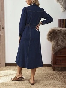 SHEIN LUNE Women's Casual Denim Dress With Long Sleeves, Single-Breasted Pockets, Suitable For Autumn - Dark Wash - View 2