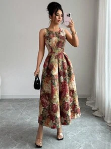 SHEIN Tall 女士无袖束腰优雅休闲长款连衣裙 - 彩色 - 查看 5