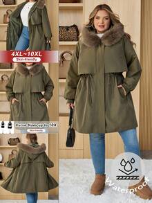 SHEIN CURVE+ Plus Size Women Casual Army Green Winter Parka,Hiking Long Padded Coat With Fur Hood,Lined,Drawstring Waist,Pockets,Ribbed Cuffs,Winter Jacket,8xl - Army Green - View 1