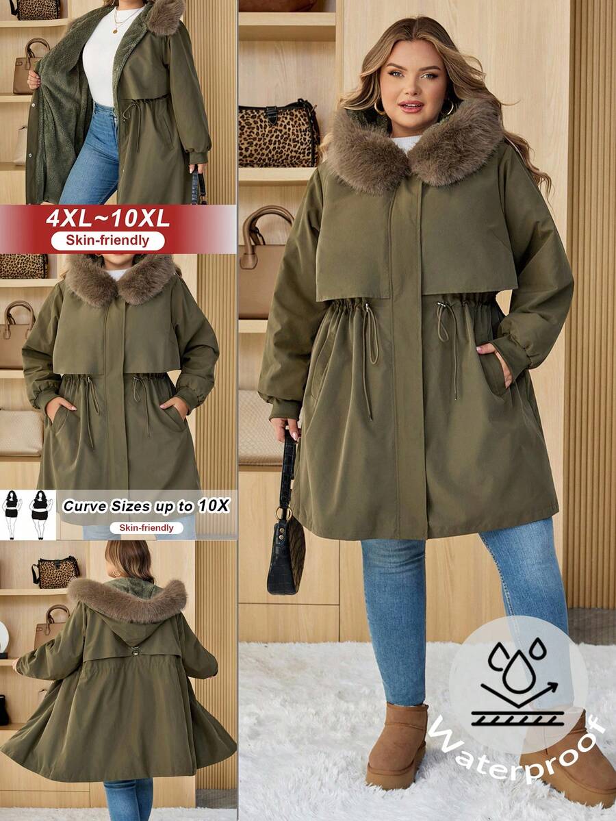 SHEIN CURVE+ Plus Size Women Casual Army Green Winter Parka,Hiking Long Padded Coat With Fur Hood,Lined,Drawstring Waist,Pockets,Ribbed Cuffs,Winter Jacket,8xl - Army Green - View 1