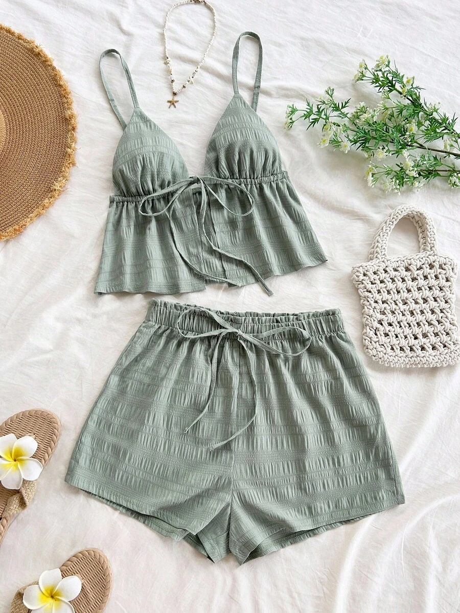 Soleia Bộ đồ nữ mới gồm áo dệt kim màu xanh lá cây có thể điều chỉnh và quần short viền bèo nhún, thích hợp cho tiệc trà chiều, dạo phố, kỳ nghỉ, tiệc tùng, lễ hội âm nhạc, lễ Phục sinh, phong cách nghỉ dưỡng, phong cách thường ngày, phong cách Bohemian, phong cách miền Tây, lễ hội âm nhạc, phong cách đồng quê, bữa ăn sáng muộn, bãi biển, trang phục sân bay, dáng rộng, mùa tốt nghiệp, bộ đồ 2 mảnh dành cho nữ, trang phục cưới. - màu xanh lá - Xem 1