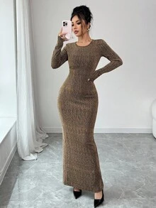 Elenzga 女式水钻装饰修身长裙 - 金色 - 查看 5